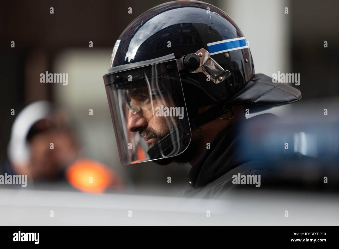 October 24, 2026, Mulhouse, Alsace, France: Close-up of a riot police ...