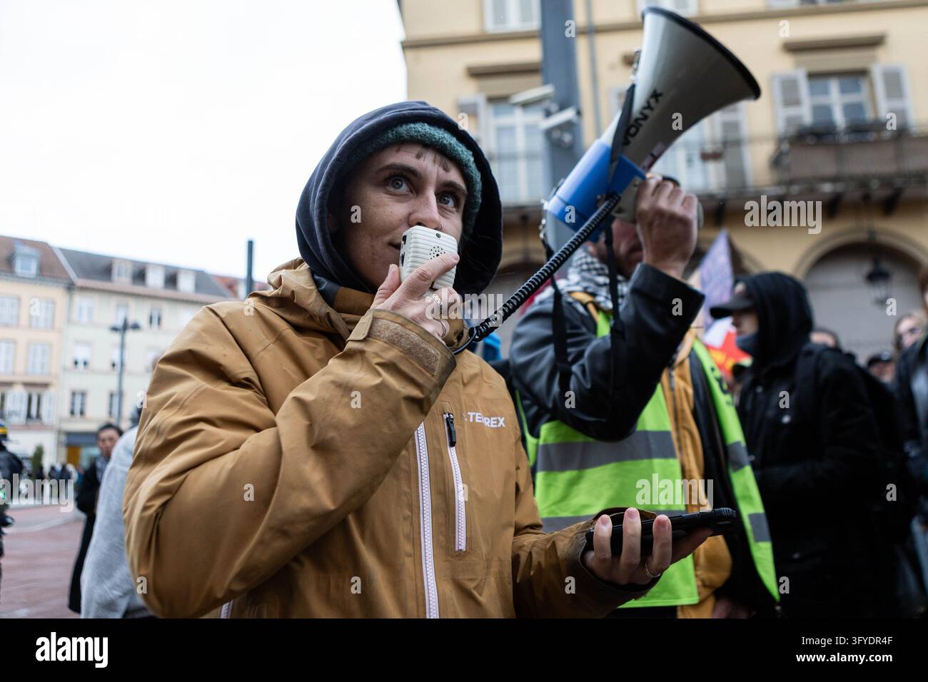 October 24, 2026, Mulhouse, Alsace, France: A demonstrator speaks ...