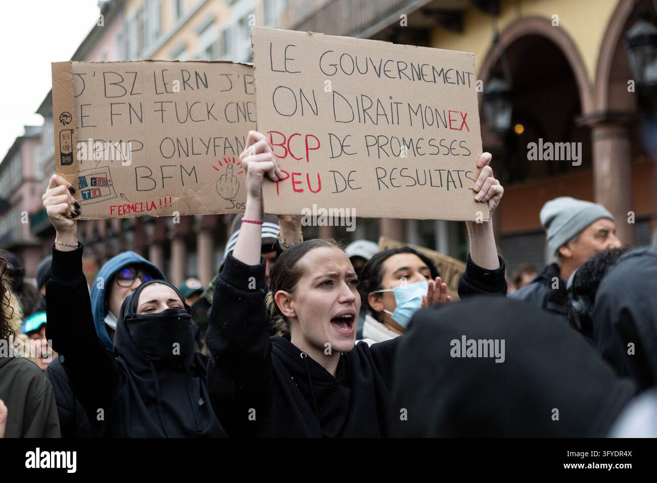 Handwritten Sign October October 24, 2026, Mulhouse, Alsace, France: Protesters hold handwritten ...