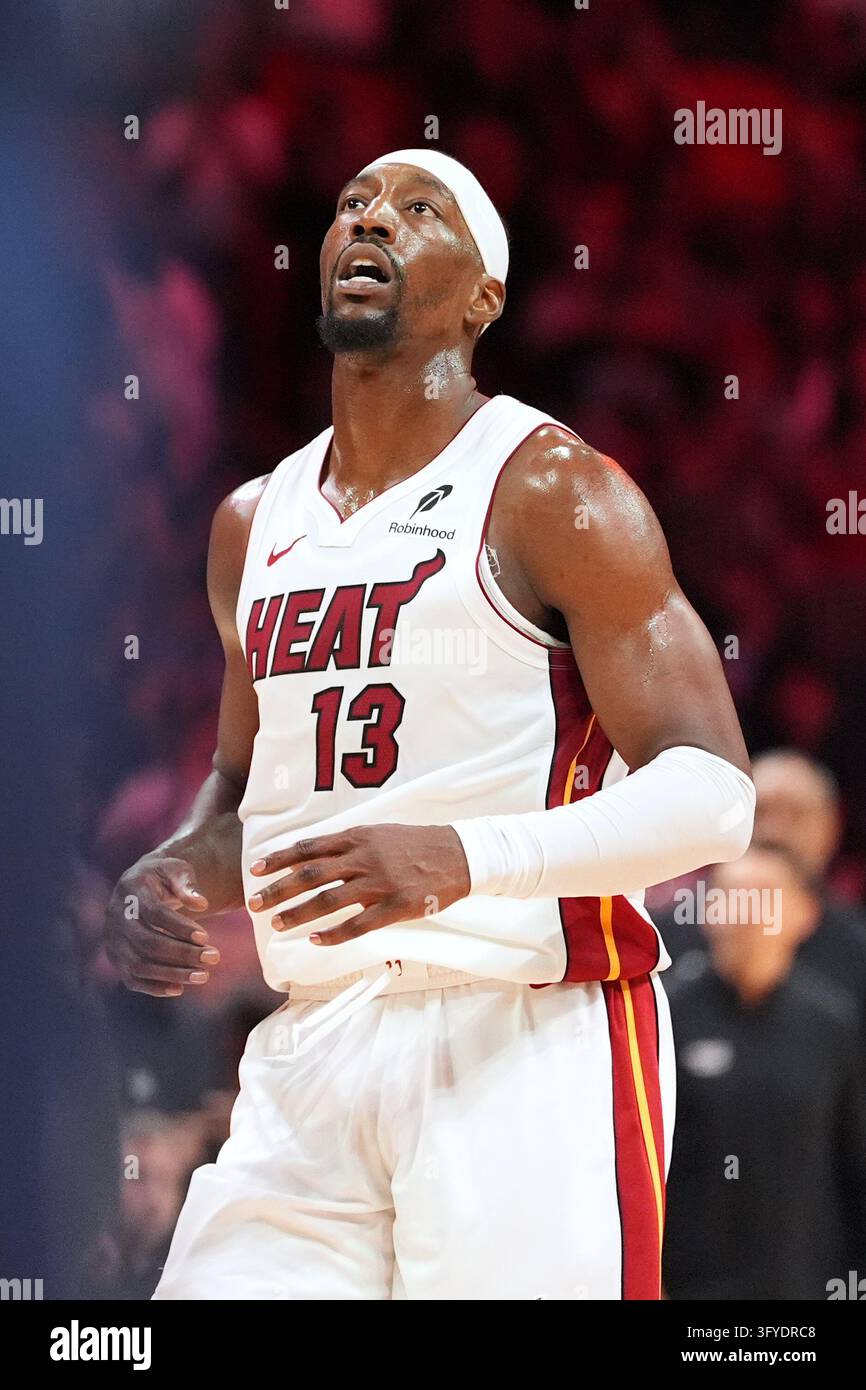 Miami Heat center Bam Adebayo (13) reacts on the court during the ...
