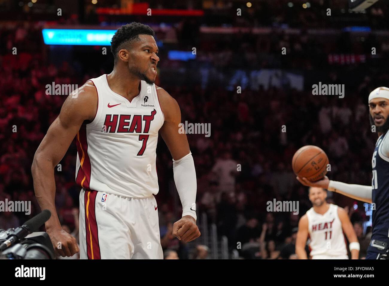 Miami Heat forward Giannis Antetokounmpo (7) reacts after scoring ...