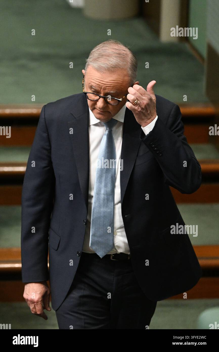 Australian Clock Australian Prime Minister Anthony Albanese reacts during Question Time ...