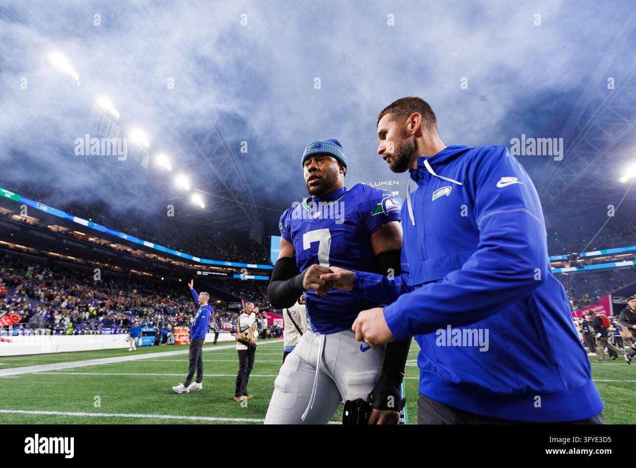 Seattle Seahawks linebacker Uchenna Nwosu (7) leaves the field after an ...