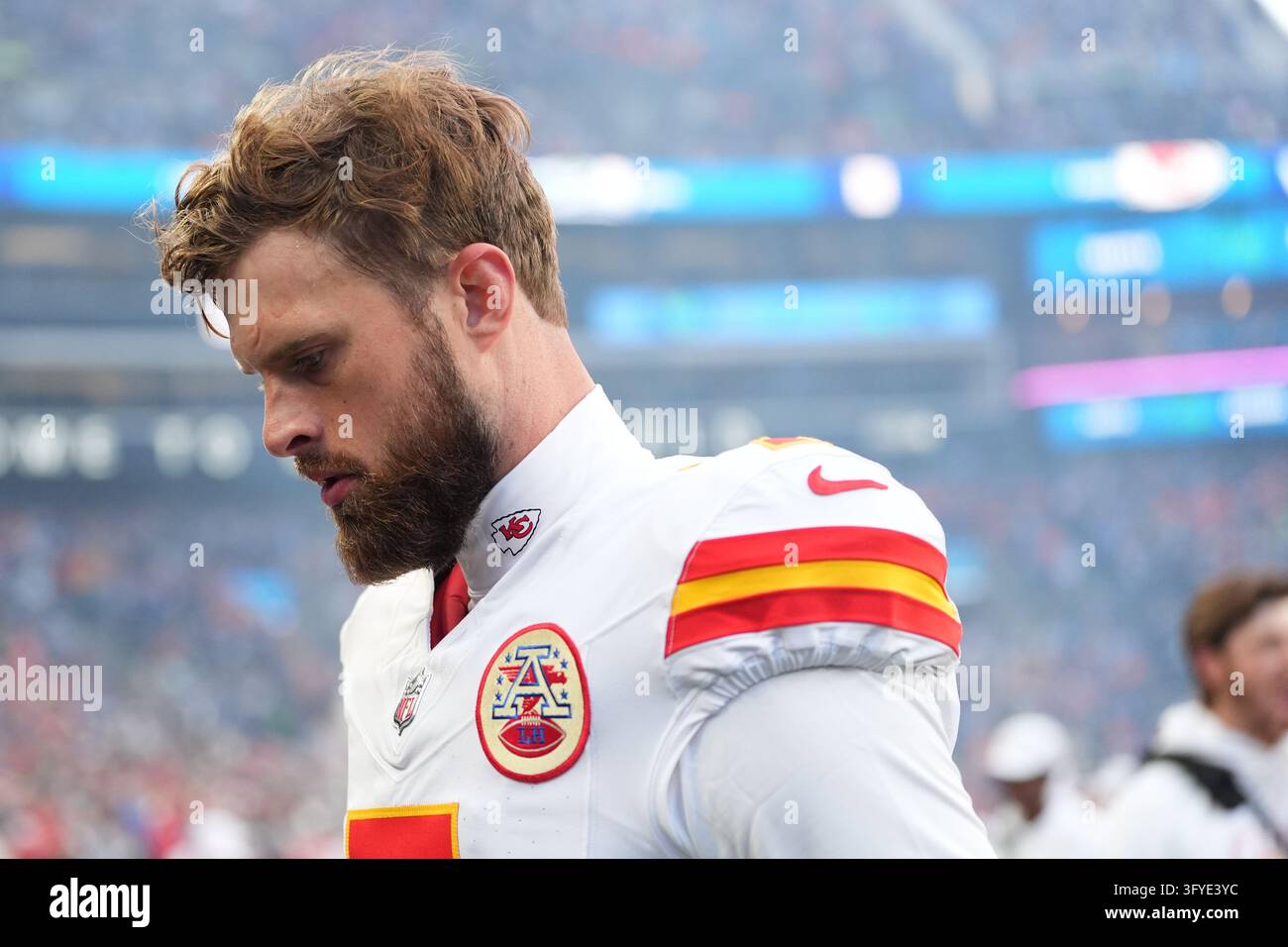 Kansas City Chiefs place-kicker Harrison Butker (7) stands on the ...