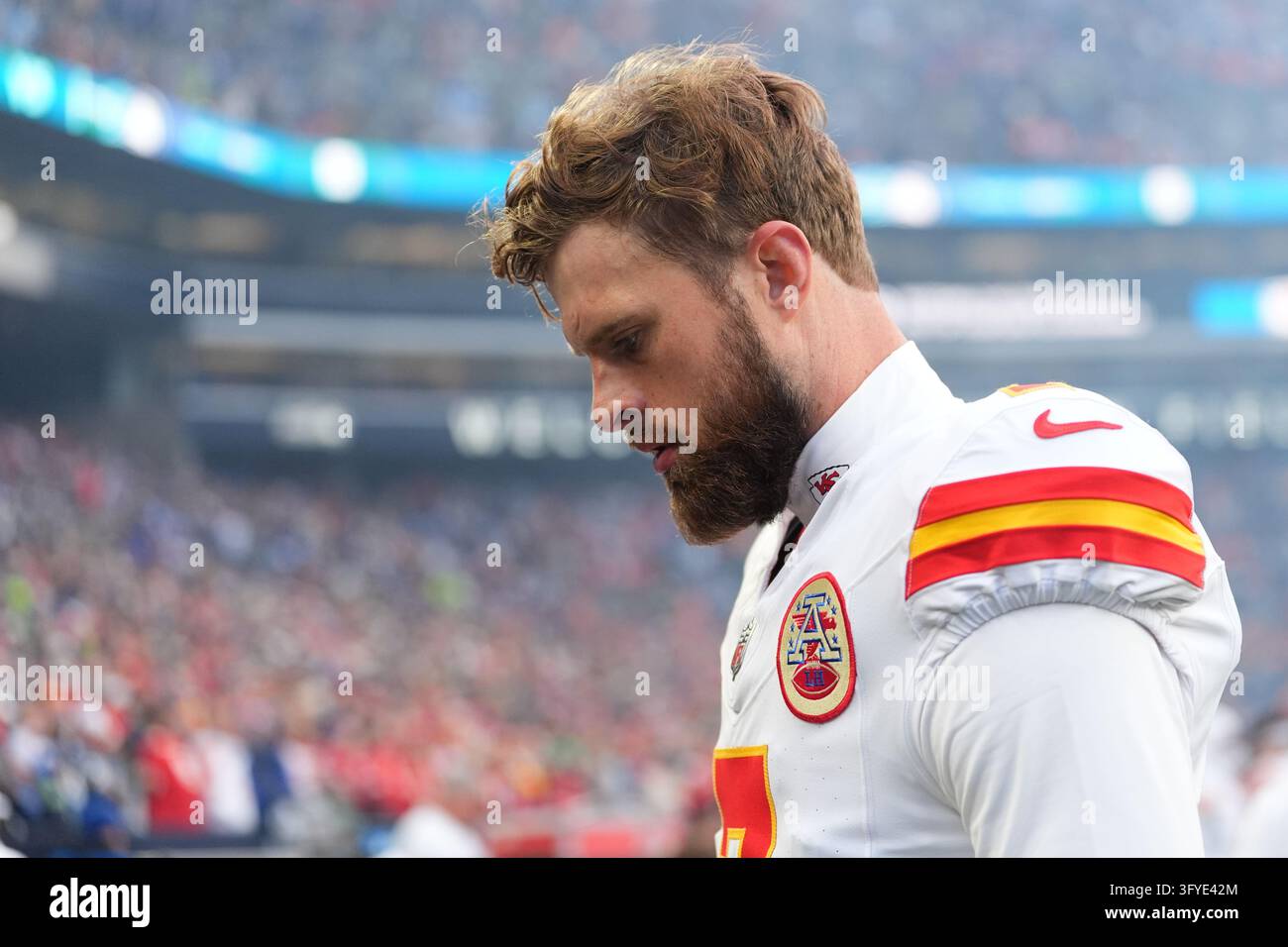 Kansas City Chiefs place-kicker Harrison Butker (7) stands on the ...