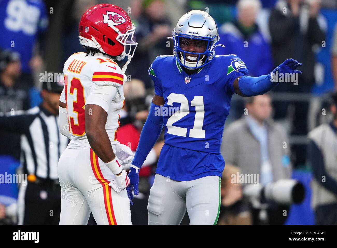 Seattle Seahawks cornerback Devon Witherspoon (21) reacts against ...