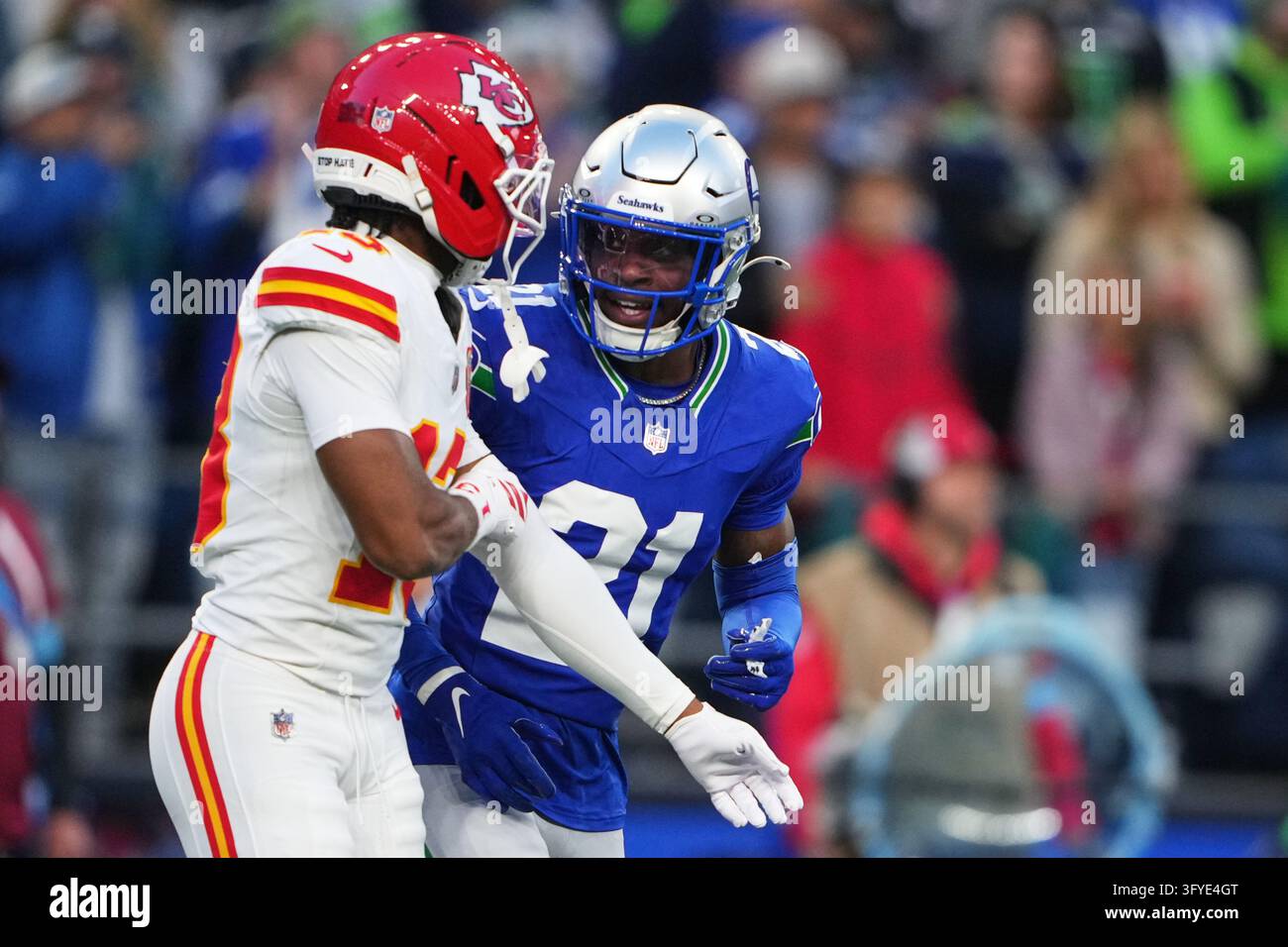 Seattle Seahawks cornerback Devon Witherspoon (21) reacts against ...
