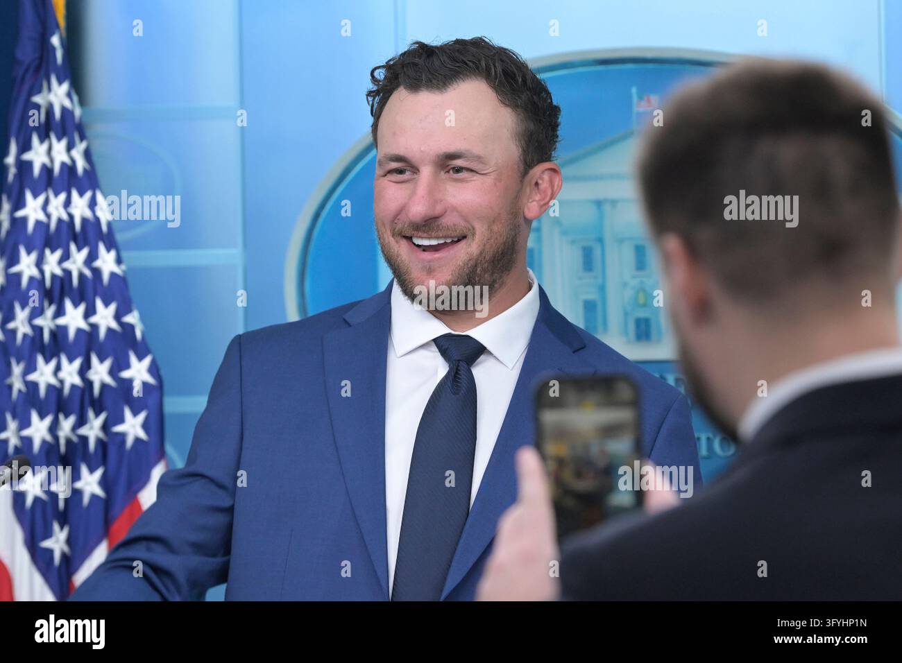 Former Football Player Johnny Manziel is seen in the Brady press room ...