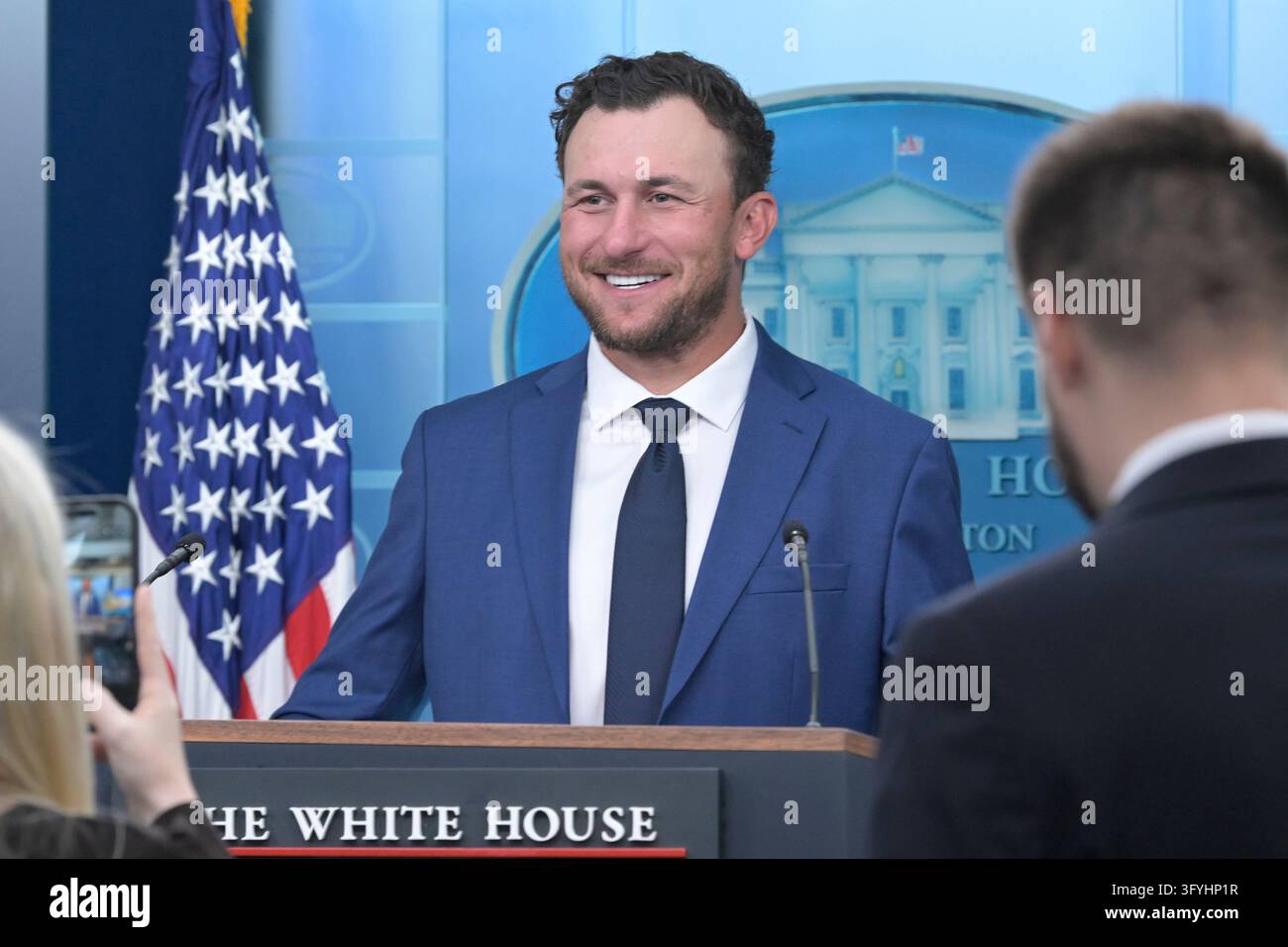 Former Football Player Johnny Manziel is seen in the Brady press room ...