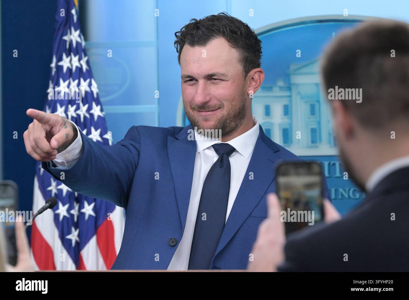 Former Football Player Johnny Manziel is seen in the Brady press room ...