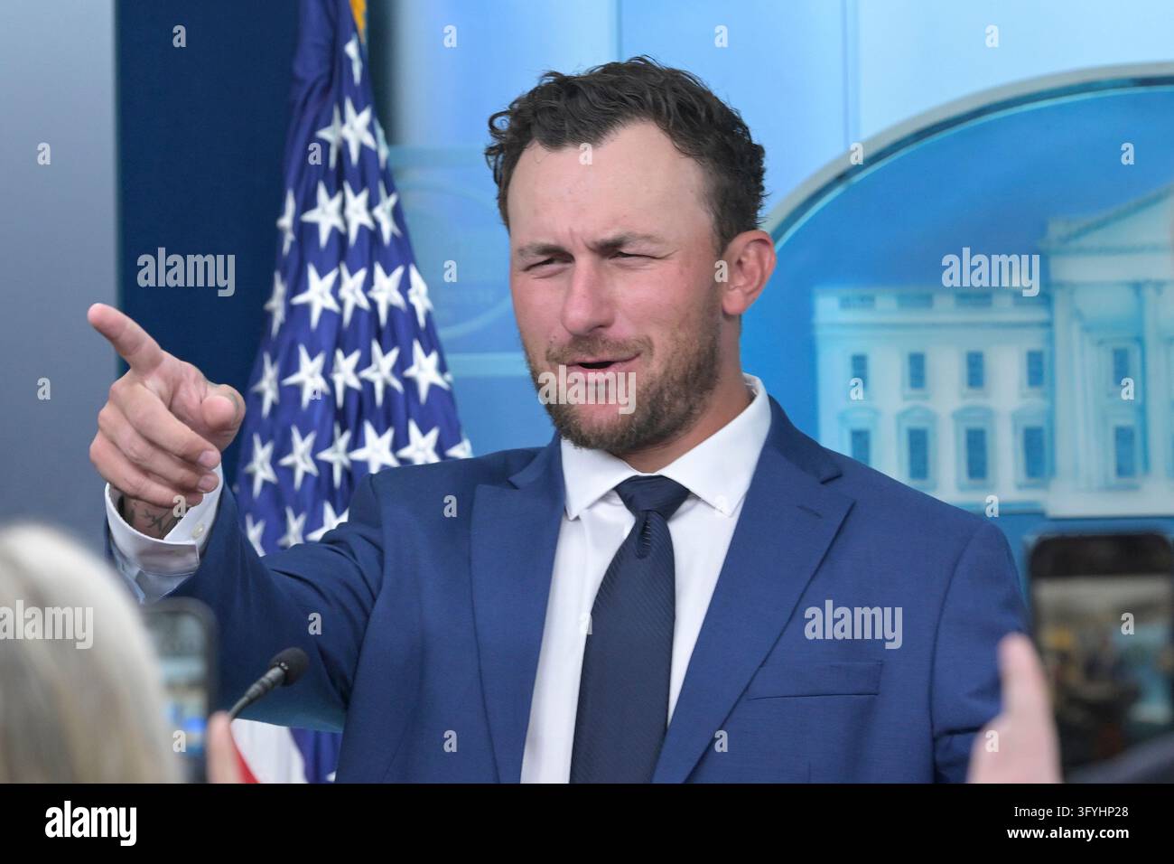 Former Football Player Johnny Manziel is seen in the Brady press room ...