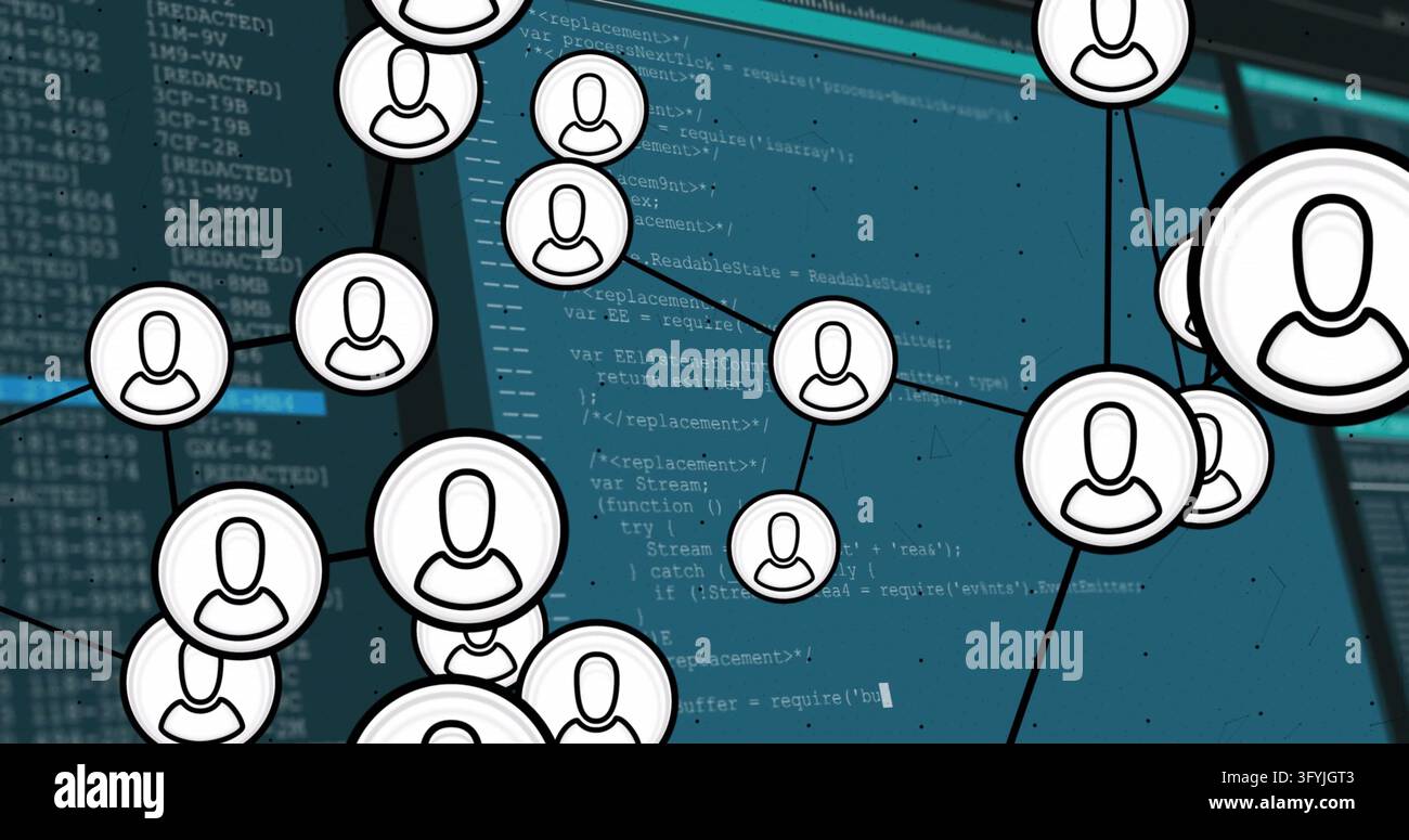 Circular avatar icons linking through lines across teal code panels ...