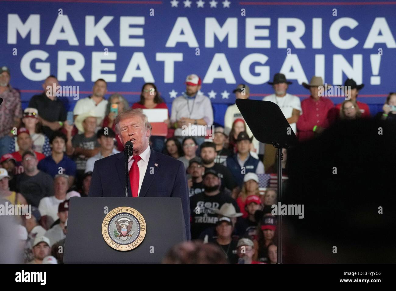 President Donald Trump speaks a campaign rally, Tuesday, Oct. 27, 2026 ...