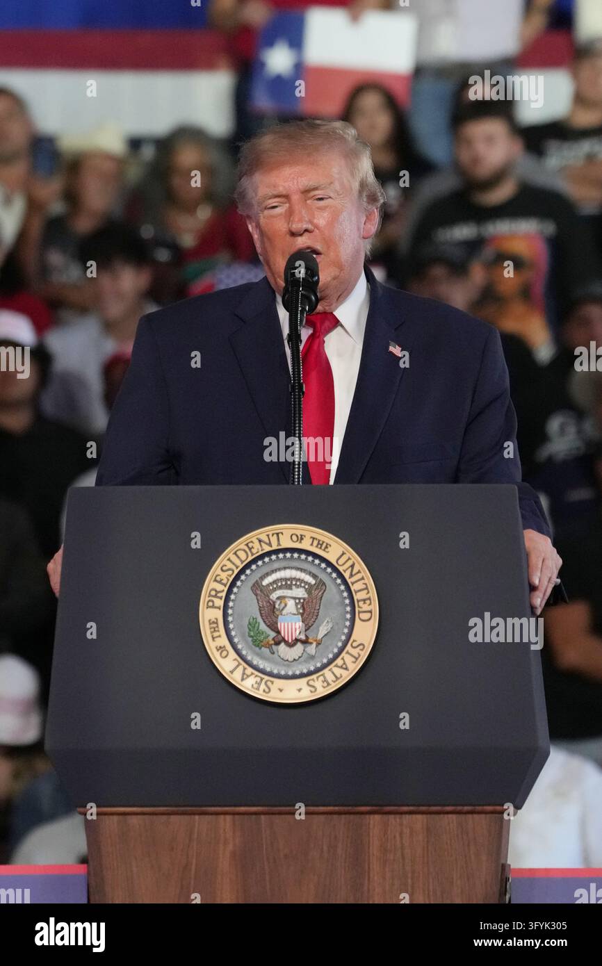 President Donald Trump speaks a campaign rally, Tuesday, Oct. 27, 2026 ...