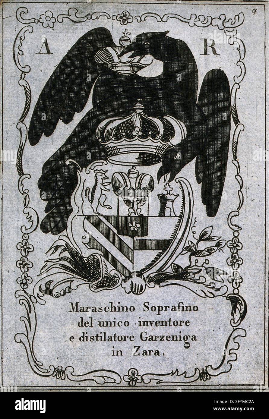 A maraschino label illustrated with two birds and a coat of arms ...