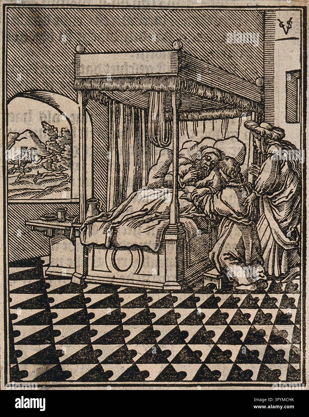 Woddcut Isaac fooled into blessing Jacob with Rebekah present, while Esau hunts ...