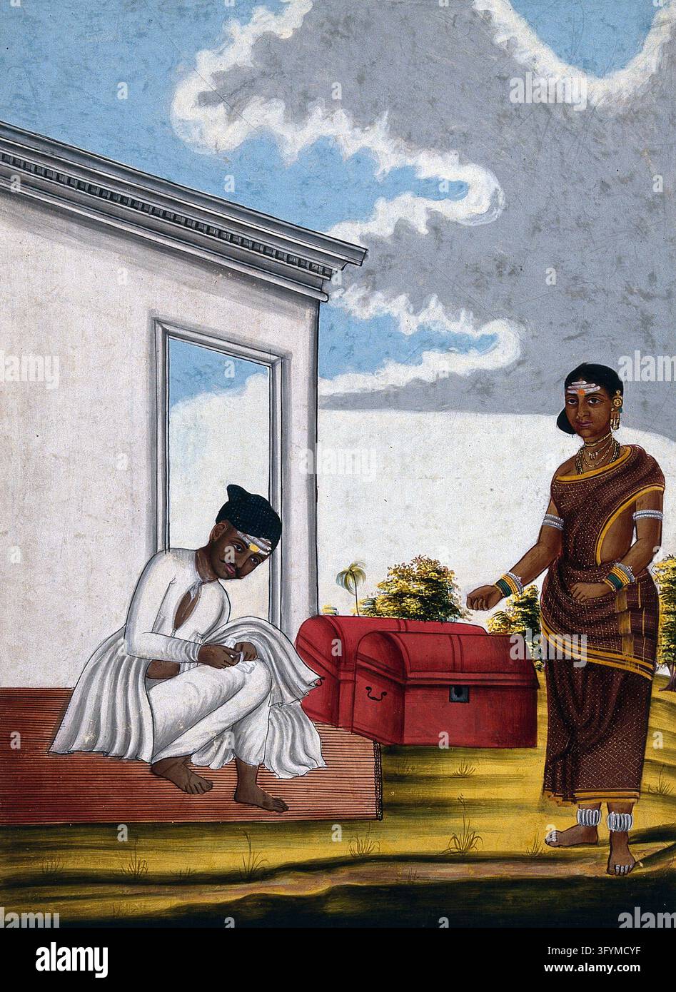 Indian tailor and wife. Gouache drawing Stock Photo - Alamy