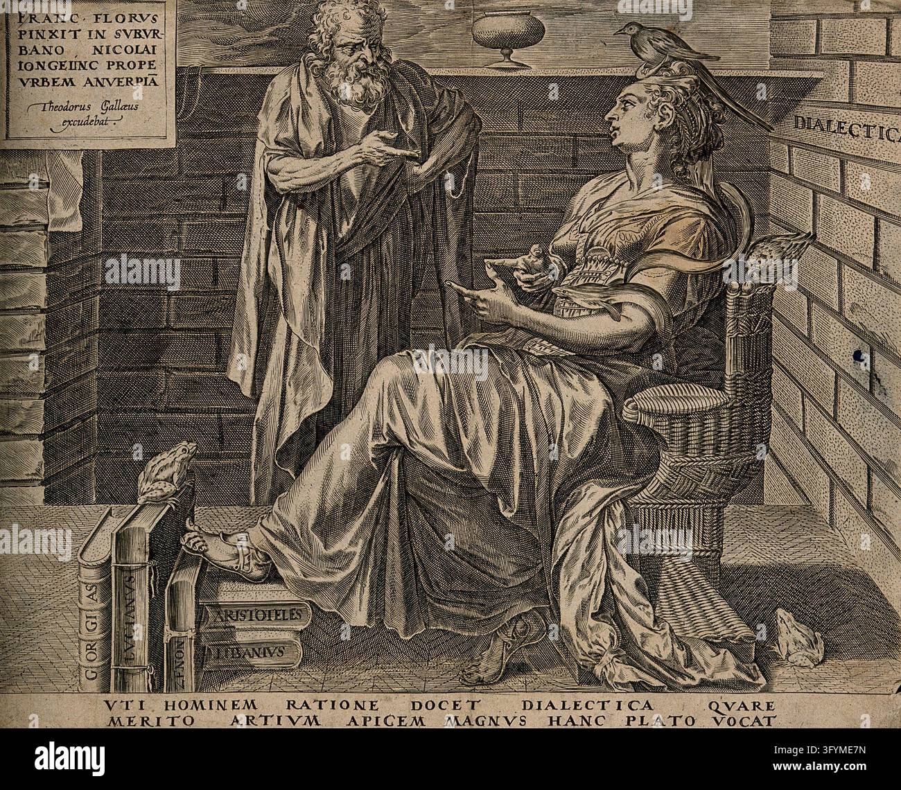An old man discourses with a woman with a bird on her head ...
