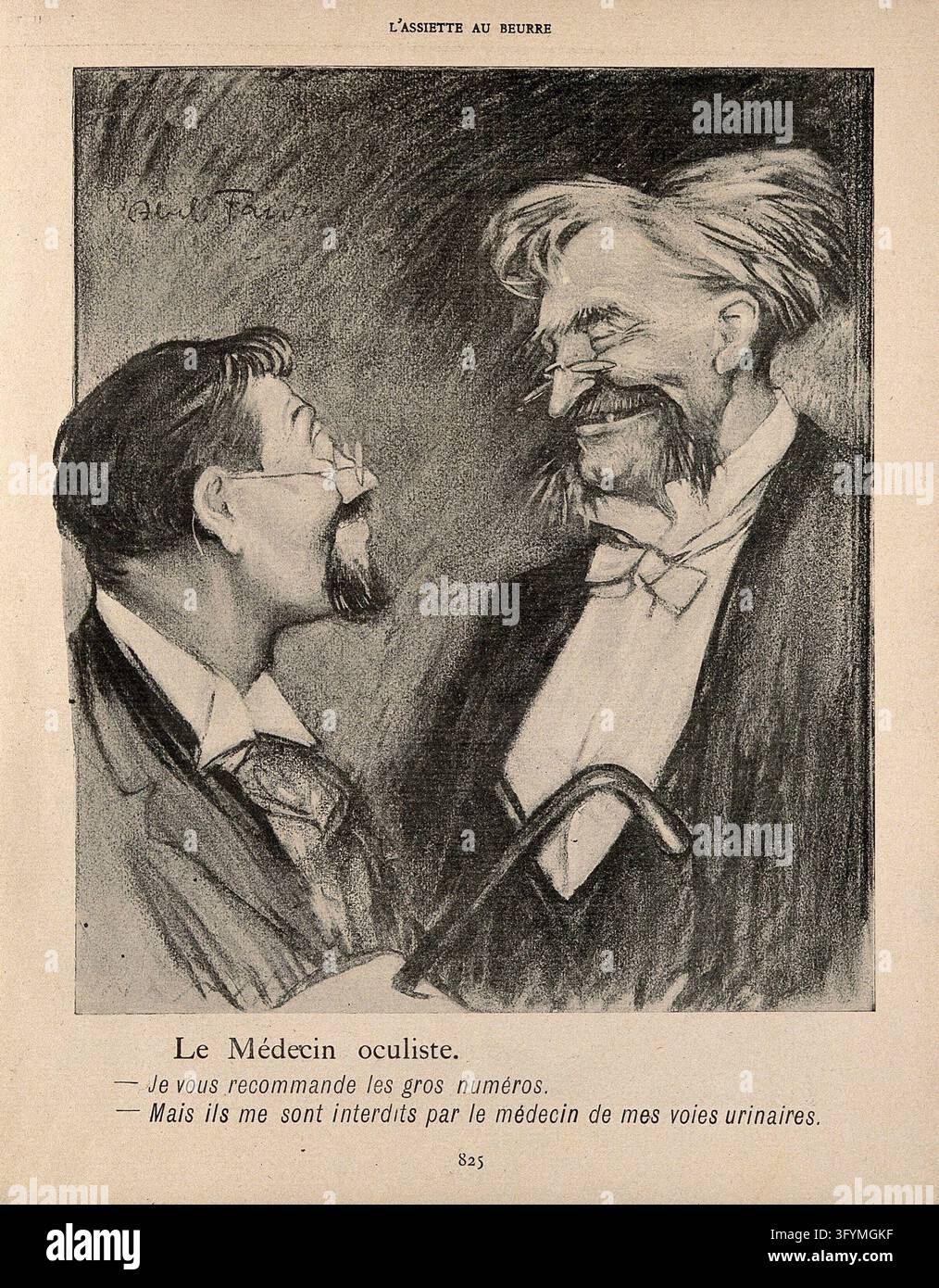 A man has a joke with his optician. Process print after J-A. Faivre ...