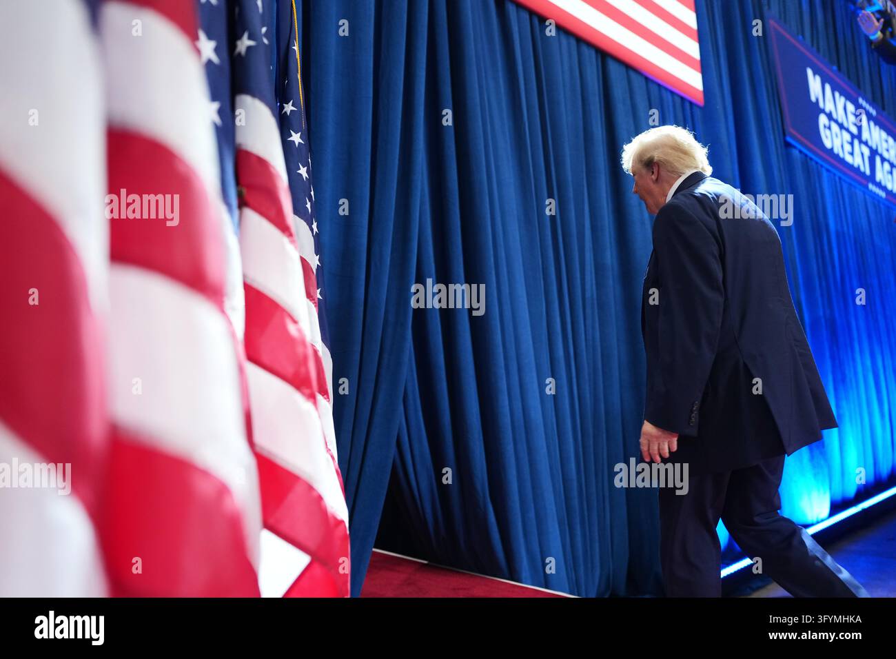 President Donald Trump departs after speaking at a campaign rally at ...