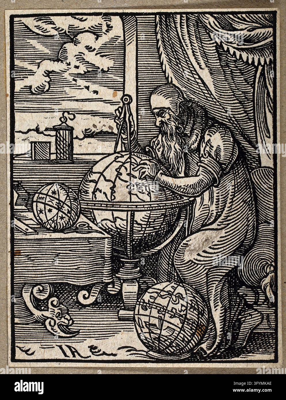 Woddcut An astronomer and astrologer in his study, plotting points on a globe ...