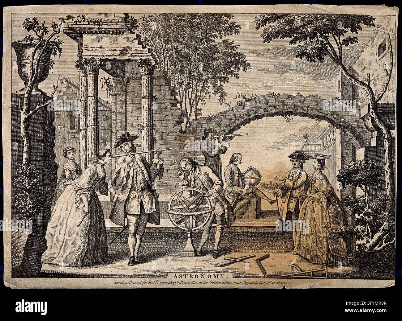 Astronomy: a number of ladies and gentlemen using telescopes and ...