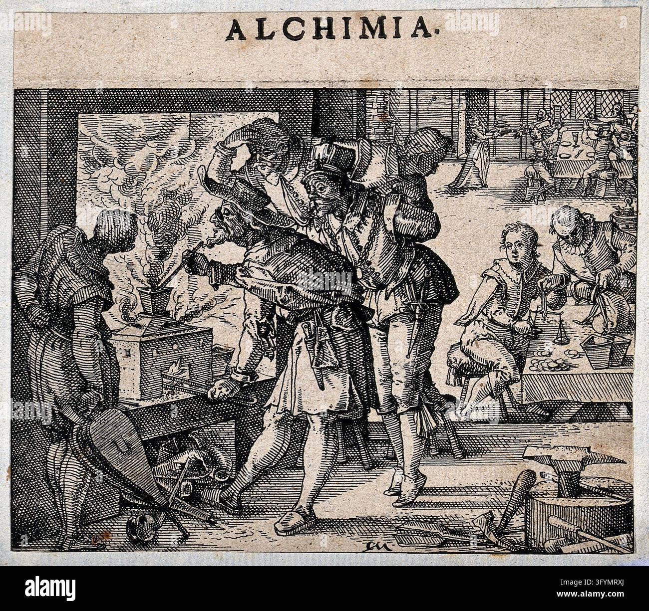 An alchemist stoking a furnace, surrounded by well dressed onlookers: a ...