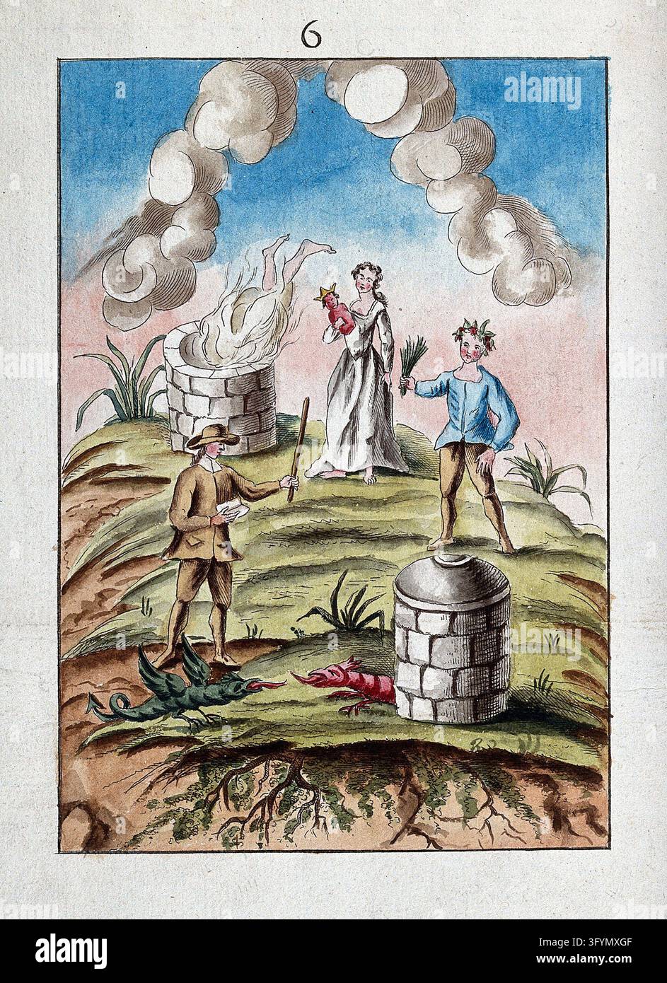 Stick Team Vector A human body is consumed by a furnace; a woman holds a small red ...
