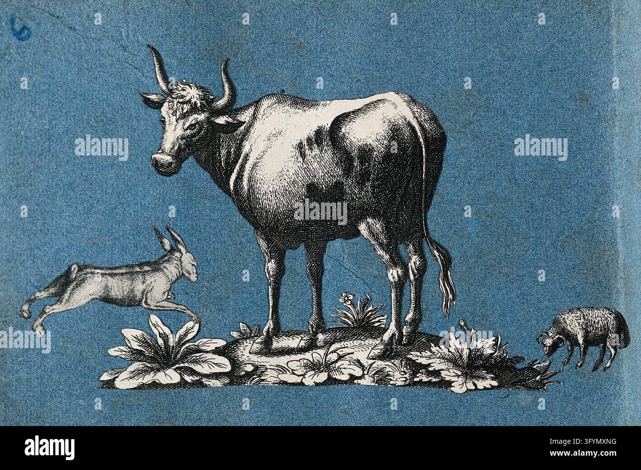 A cow, a hare and a sheep. Cut-out engravings pasted onto paper, 16 ...