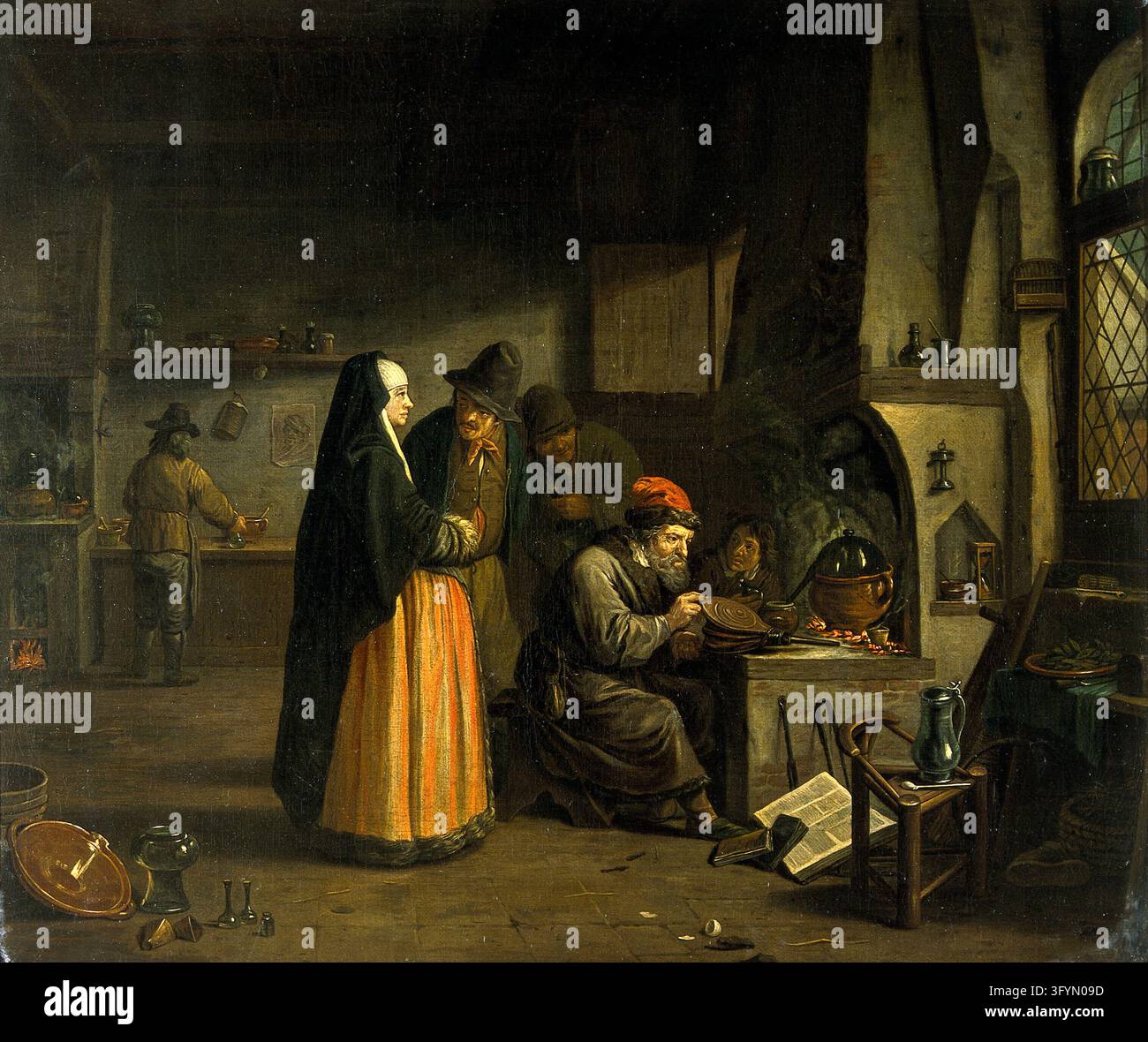 A lady visiting an alchemist in his laboratory. Oil painting attributed ...