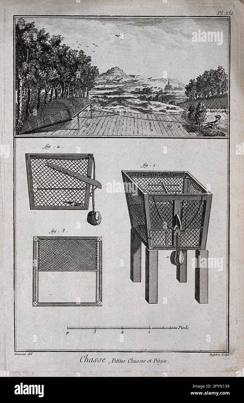 Hunting: a trap for a ploughed field (top), and details of a trap for ...