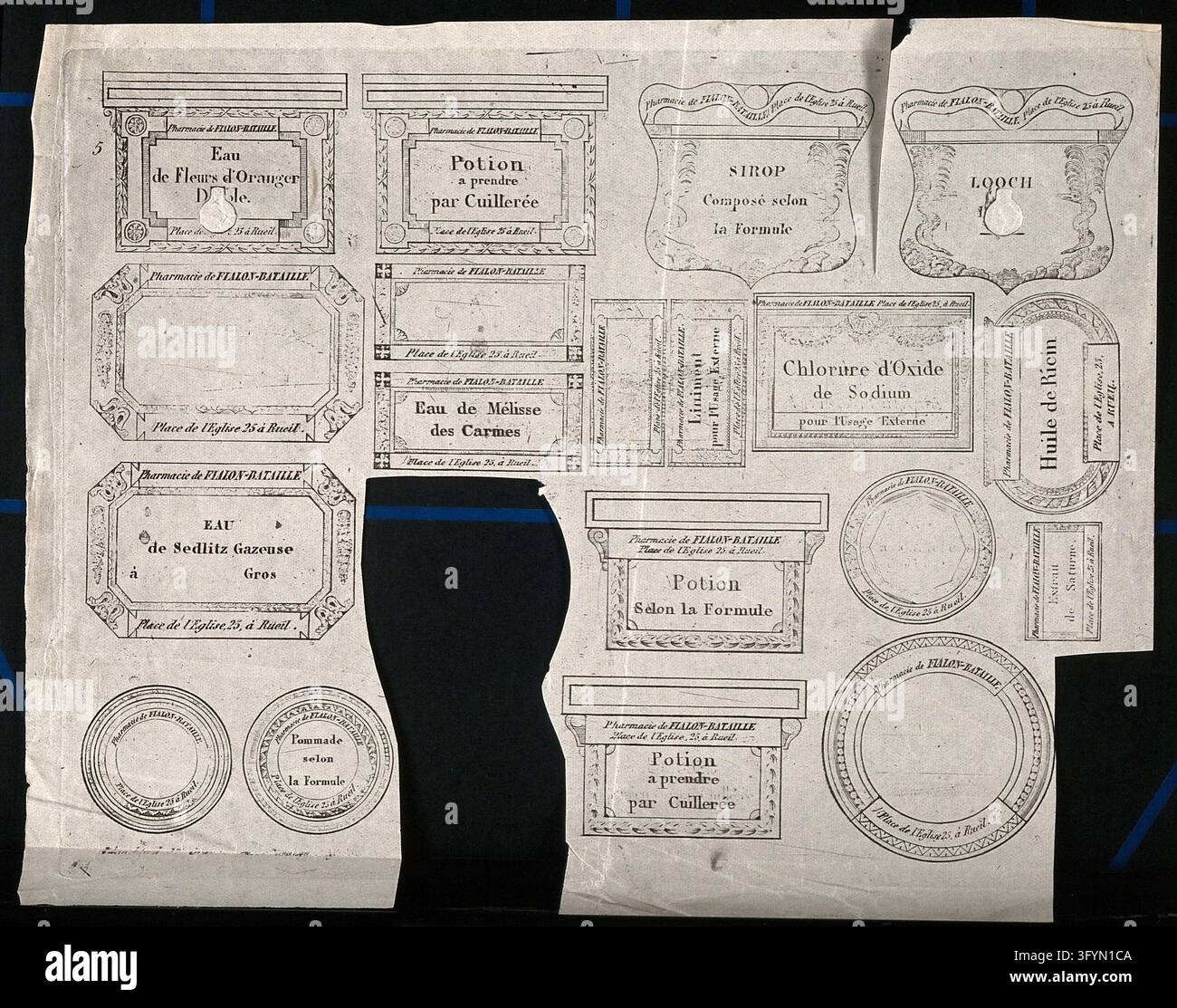 Video Processor Label A sheet of designs of labels for a French pharmacist, Fialon-Bataille ...