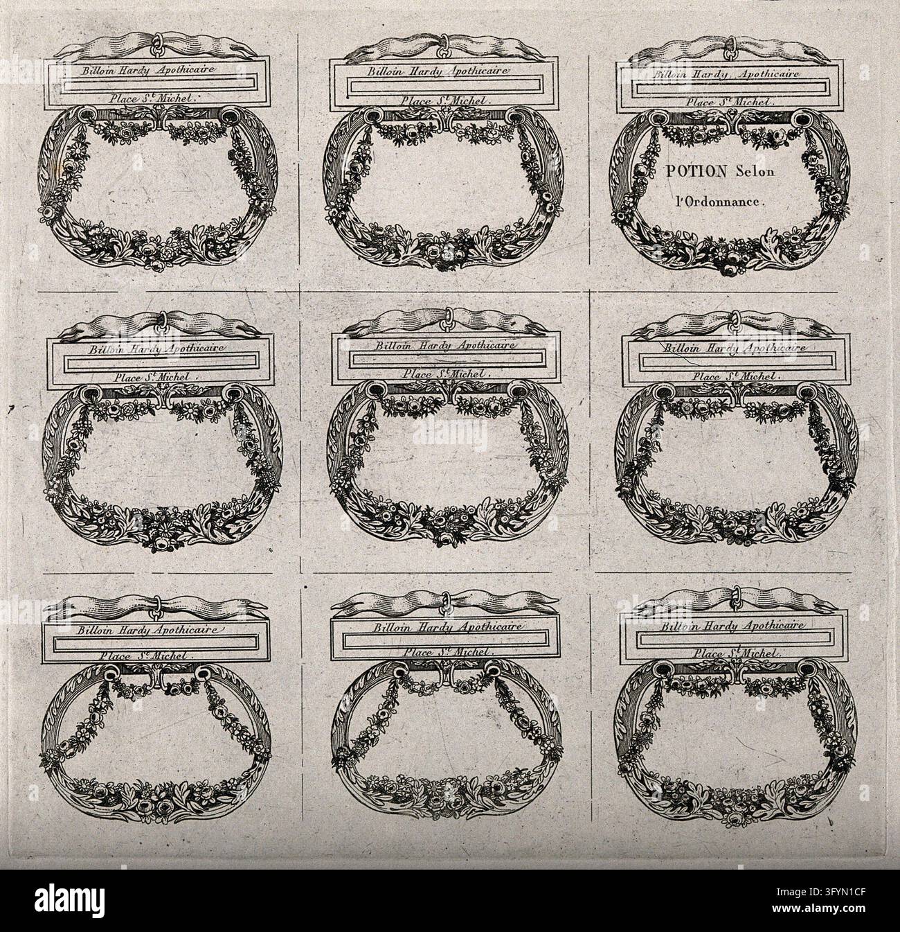 Video Processor Label A sheet of designs for pharmacy labels. Etching Stock Photo - Alamy
