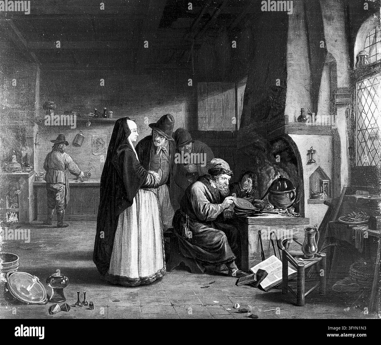 A lady visiting an alchemist in his laboratory. Oil painting attributed ...
