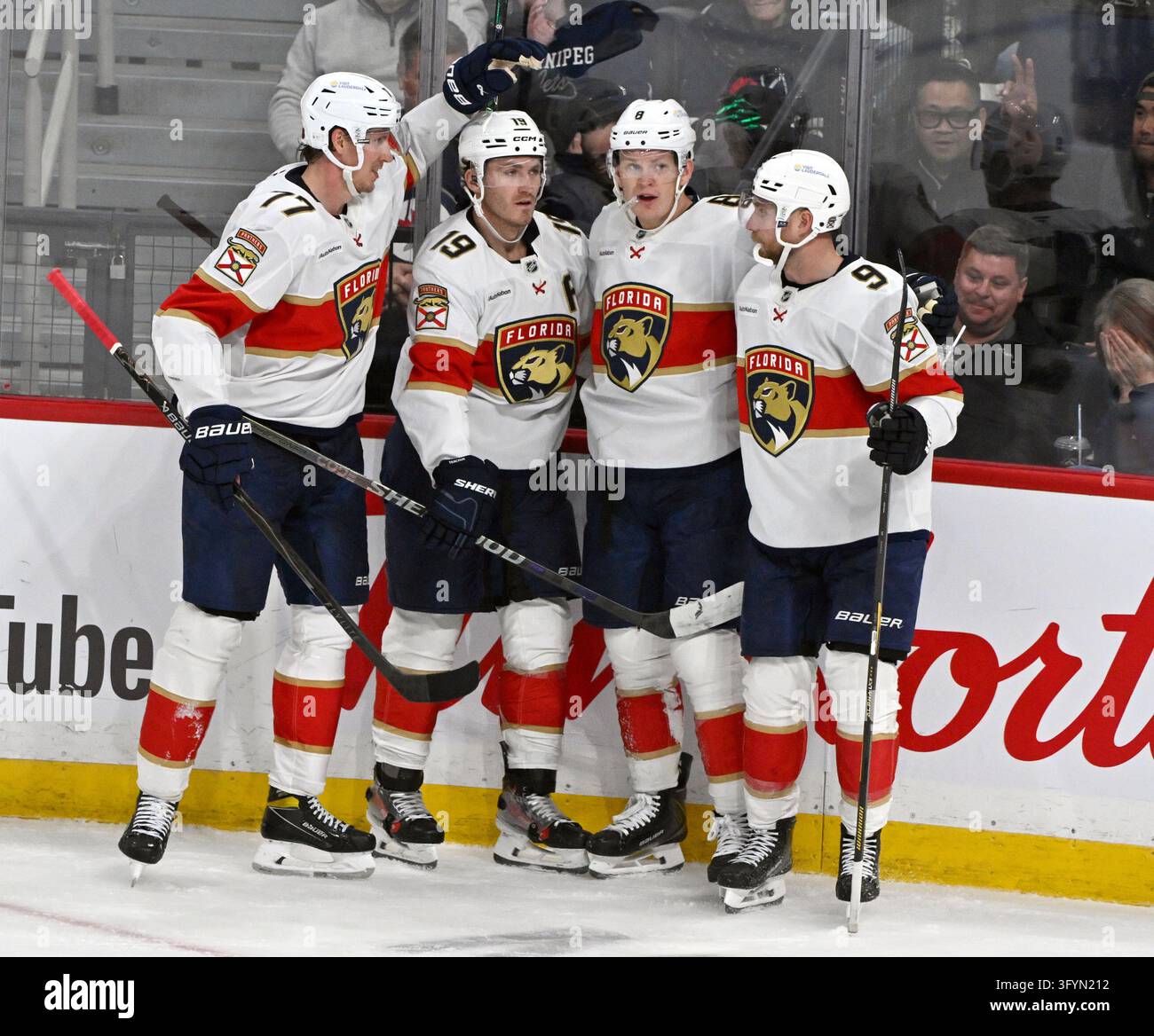 Florida Panthers' Brady Tkachuk (8) celebrates his goal on the Winnipeg ...