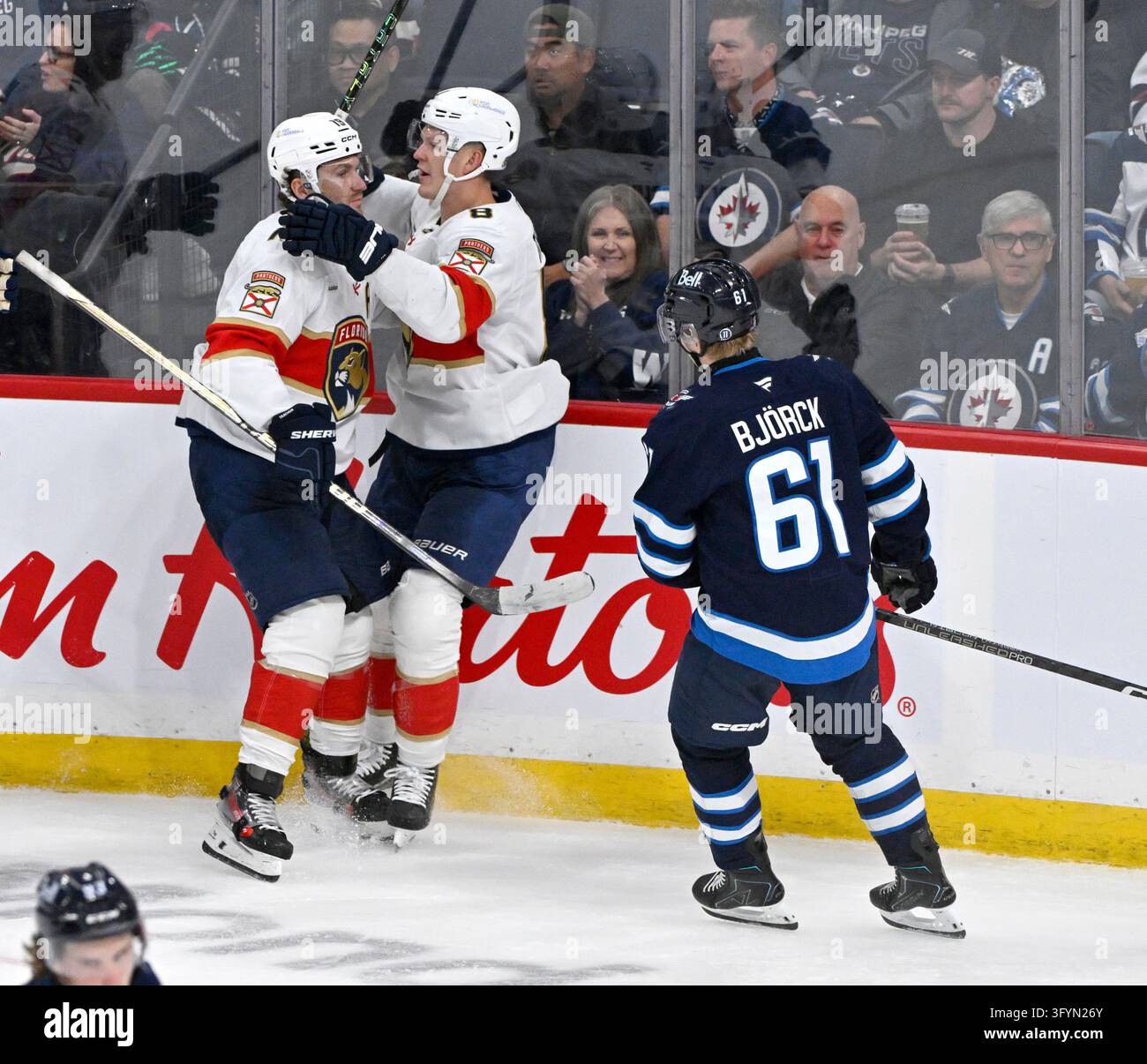 Florida Panthers' Brady Tkachuk (8) celebrates his goal on the Winnipeg ...