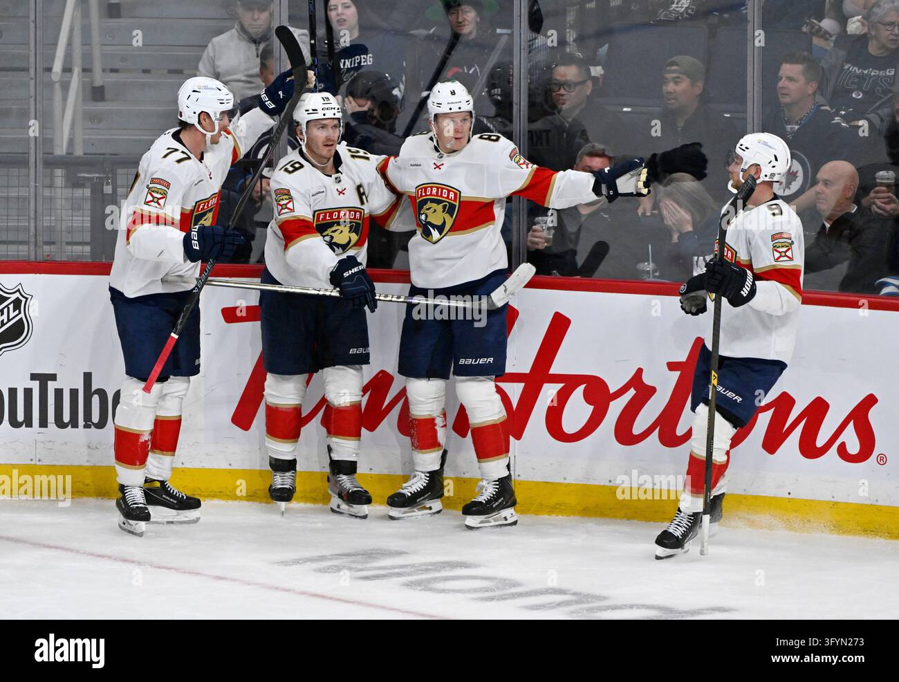 Florida Panthers' Brady Tkachuk (8) celebrates his goal on the Winnipeg ...