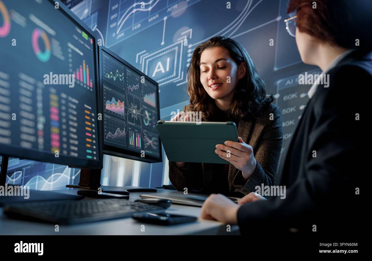 Professional businesswoman engaging a diverse team in a high-tech ...