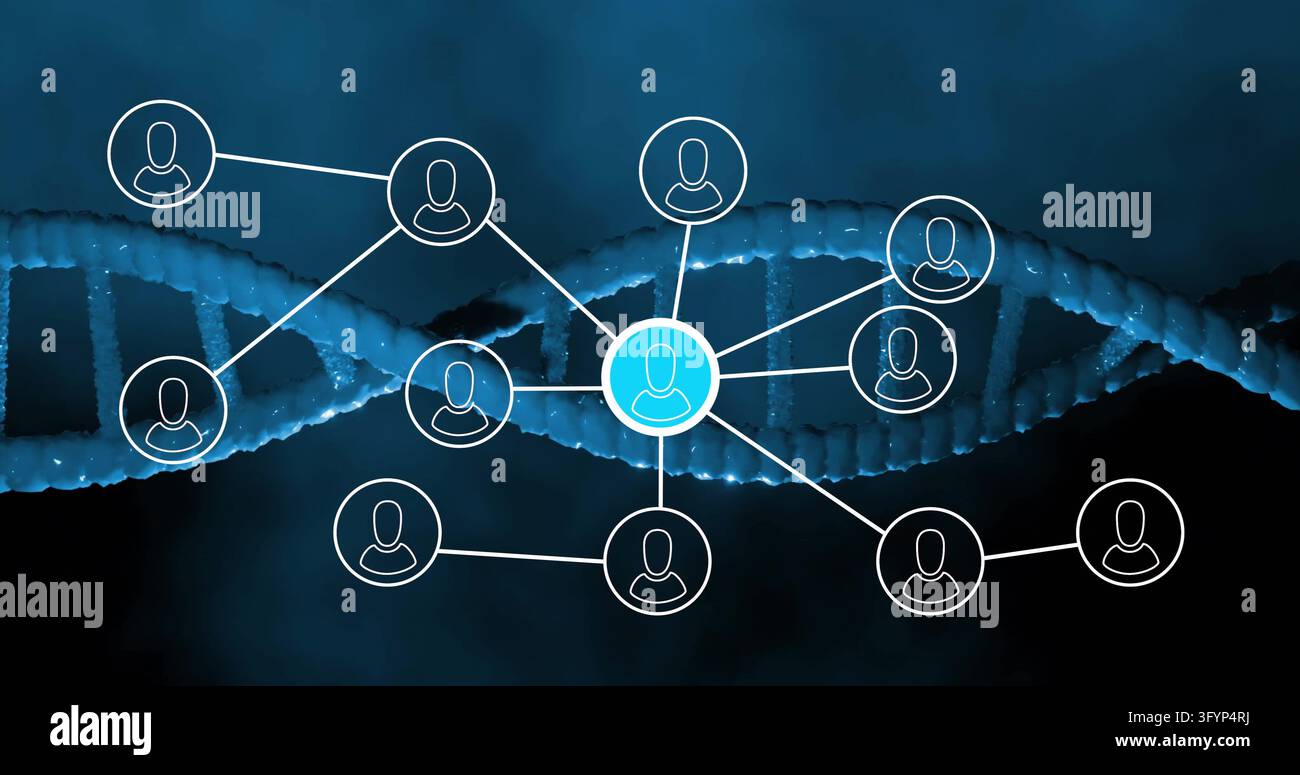 Image of user icons over dna strand. Technology, science and digital ...