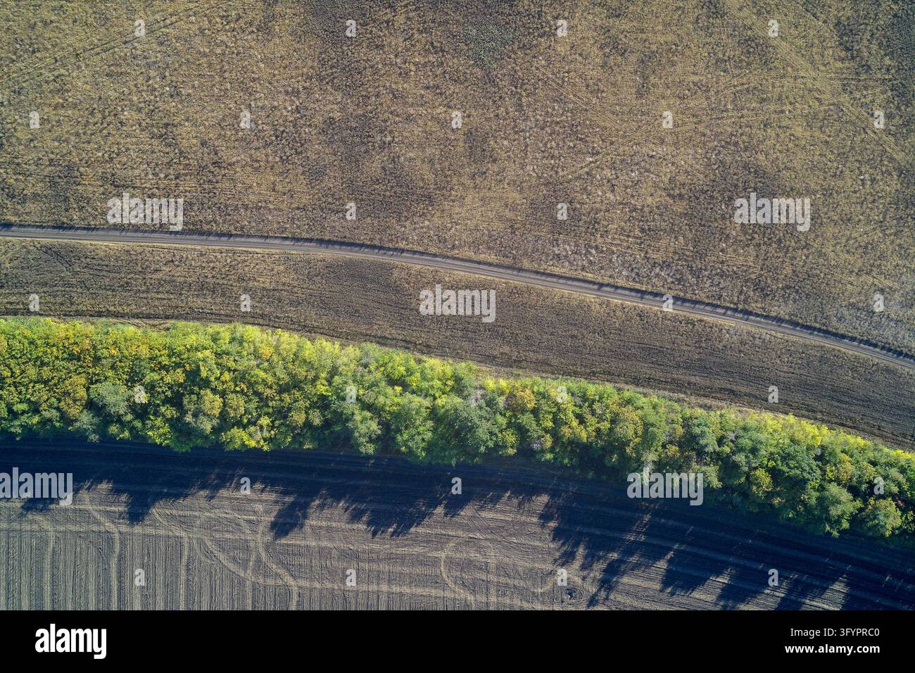 Geometric patterns of plowed dark earth, a dusty rural road separating ...