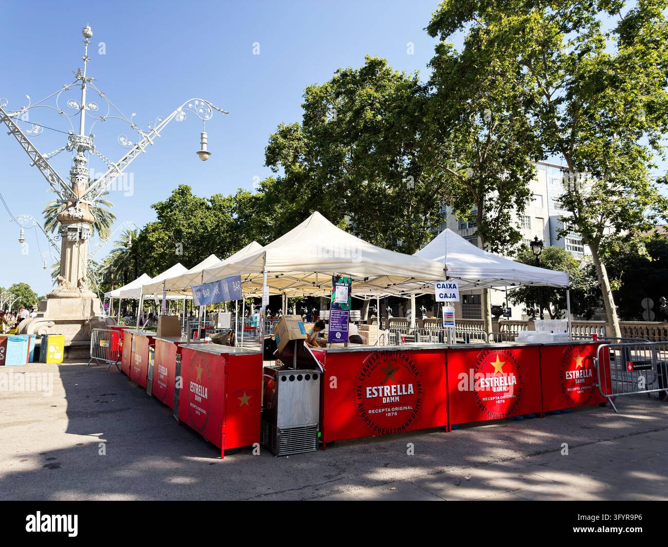 Barcelona , Spain - June 27, 2026: Festival booths with Estrella Damm ...