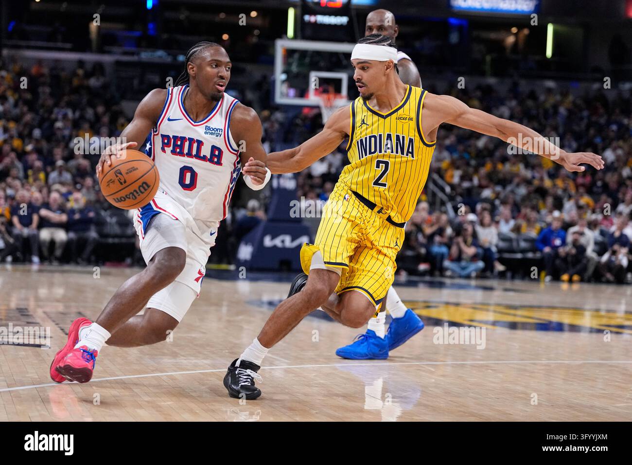 Philadelphia 76ers guard Tyrese Maxey (0) drives past Indiana Pacers ...