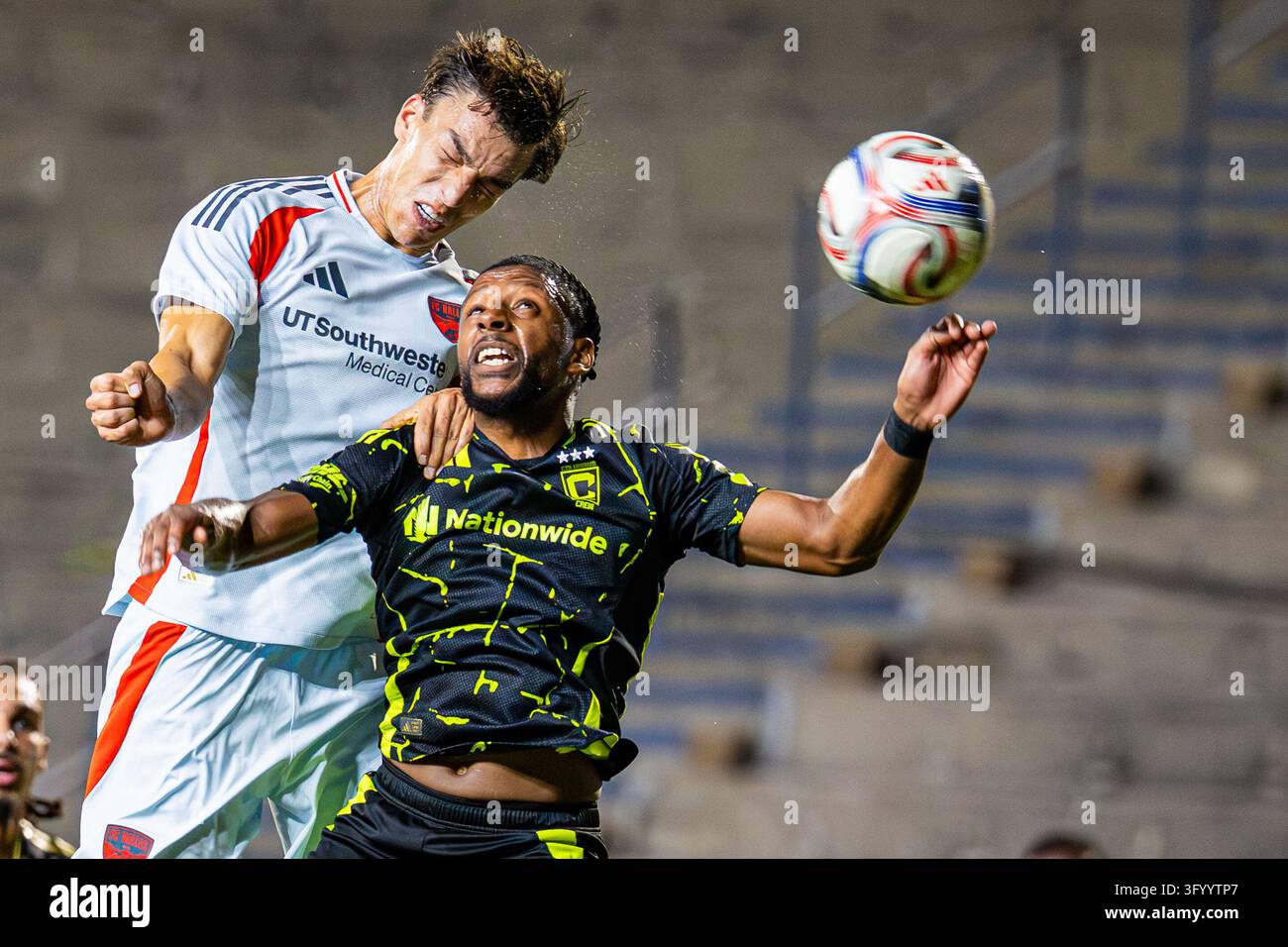 FC Dallas forward Petar Musa (9) heads the ball during the MLS soccer ...