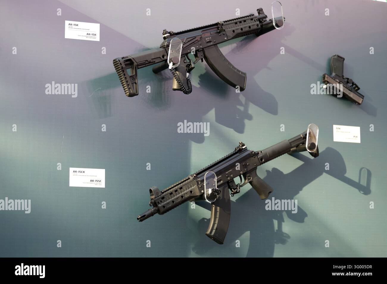 Kalashnikov assault rifle small-sized AK-15SK seen on the framework of ...
