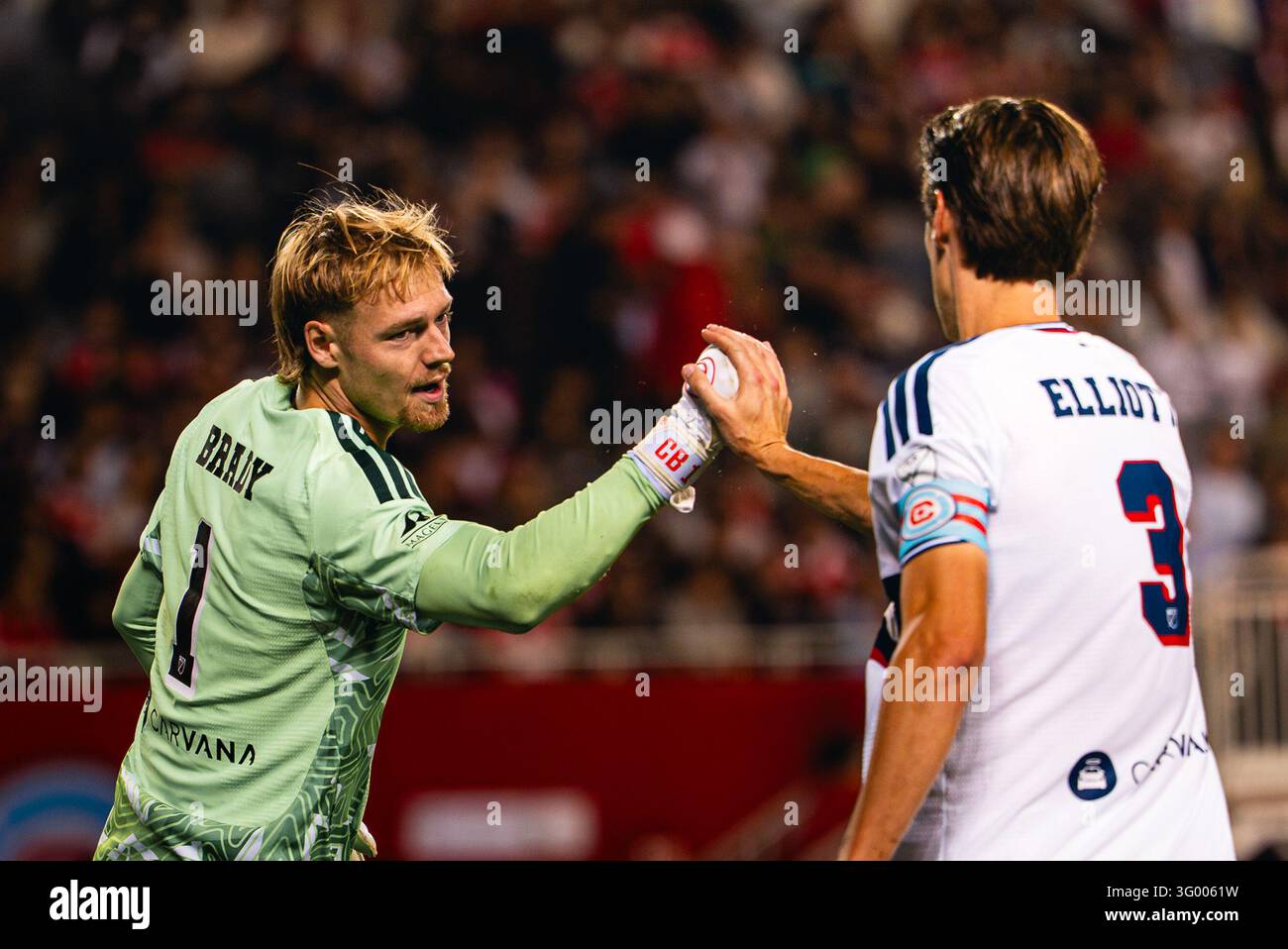 Chicago Fire FC defender Jack Elliott (3) and goalkeeper Chris Brady (1 ...