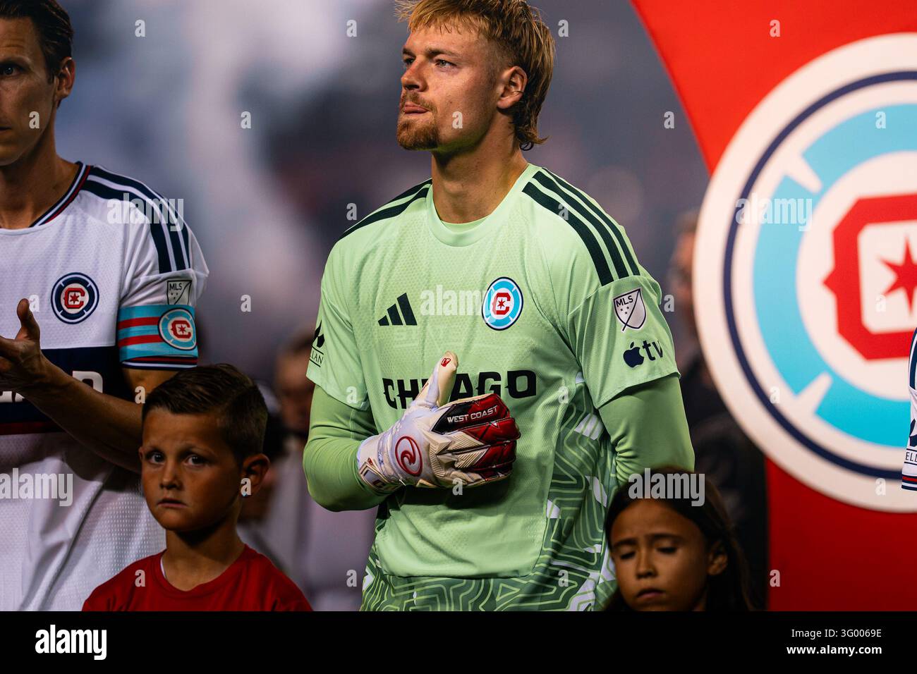 Chicago Fire FC goalkeeper Chris Brady (1) stands for national anthem ...