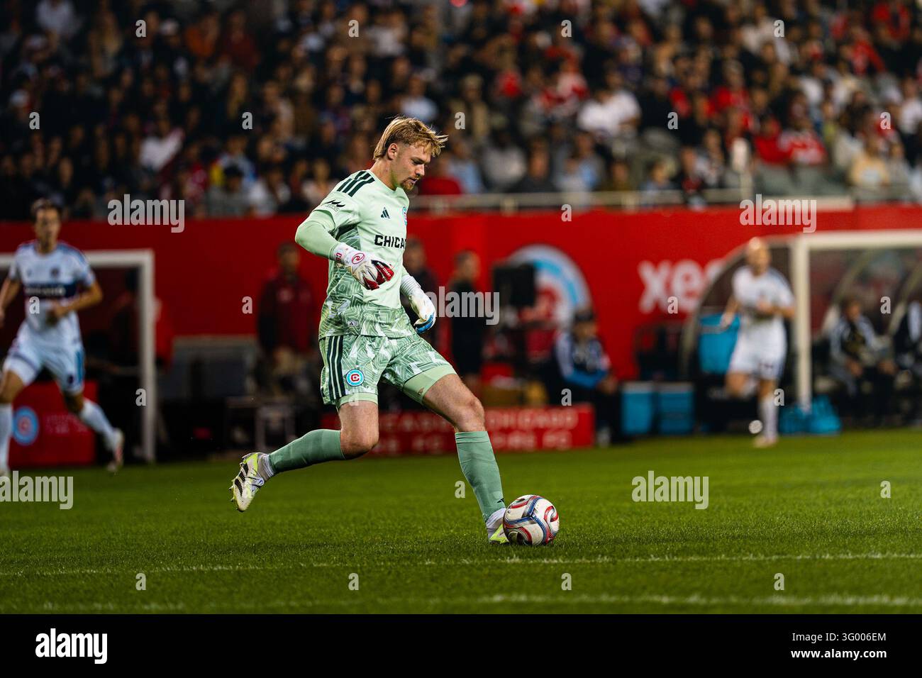 Chicago Fire FC goalkeeper Chris Brady (1) passes the ball during the ...