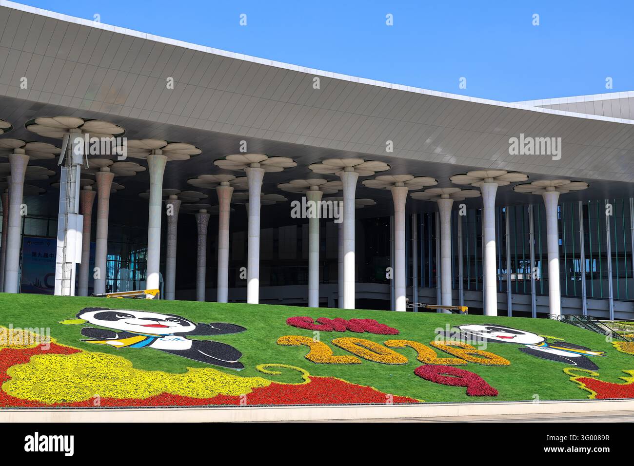 Floral displays featuring mascot Jinbao are set up at the South Square ...