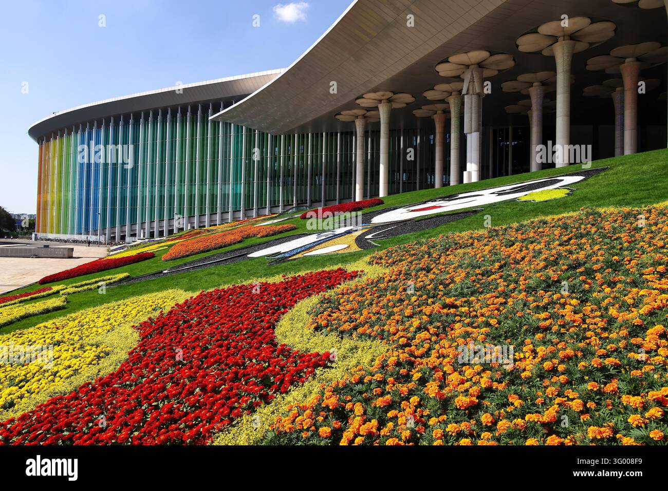 Floral displays featuring mascot Jinbao are set up at the South Square ...
