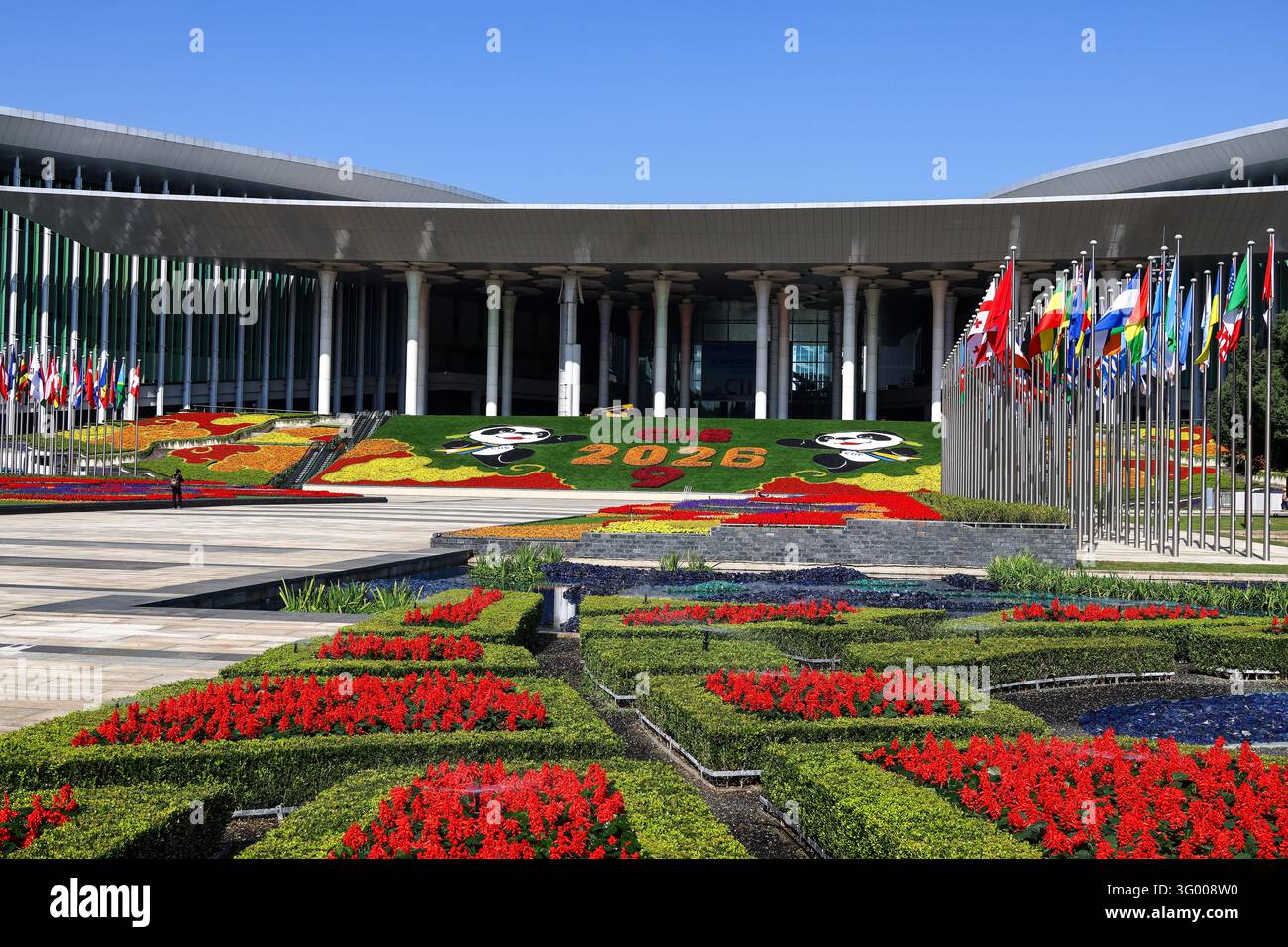 Floral displays featuring mascot Jinbao are set up at the South Square ...